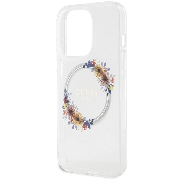 Guess IML Flowers Wreatch MagSafe case for iPhone 15 Pro - transparenteng