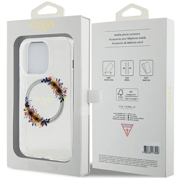 Guess IML Flowers Wreatch MagSafe case for iPhone 15 Pro - transparenteng