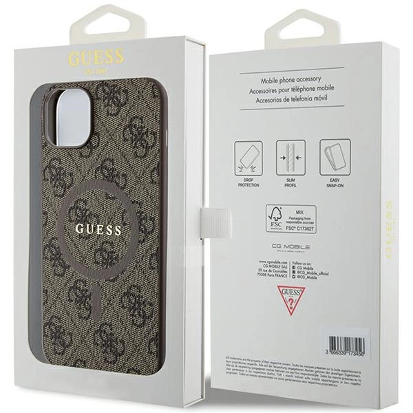 Guess 4G Collection Leather Metal Logo MagSafe Case for iPhone 15/14/13 - Browneng