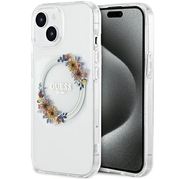 Guess IML Flowers Wreatch MagSafe Case for iPhone 15 / 14 / 13 - Transparenteng