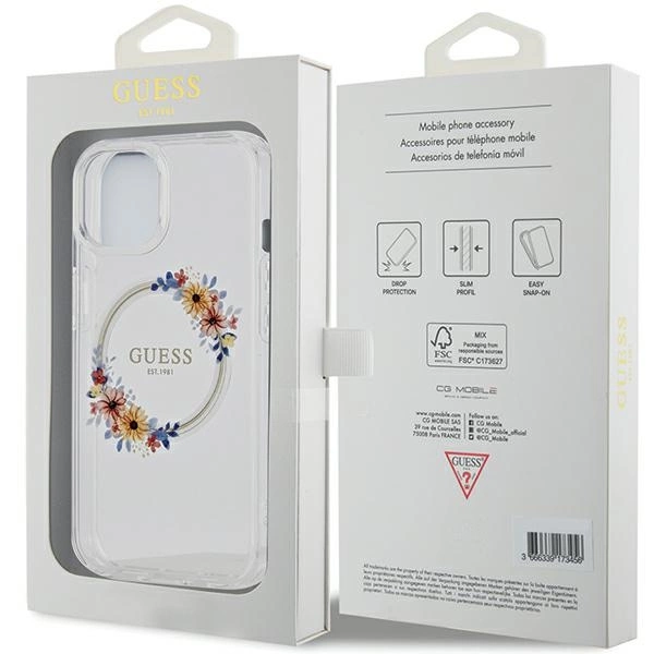 Guess IML Flowers Wreatch MagSafe Case for iPhone 15 / 14 / 13 - Transparenteng