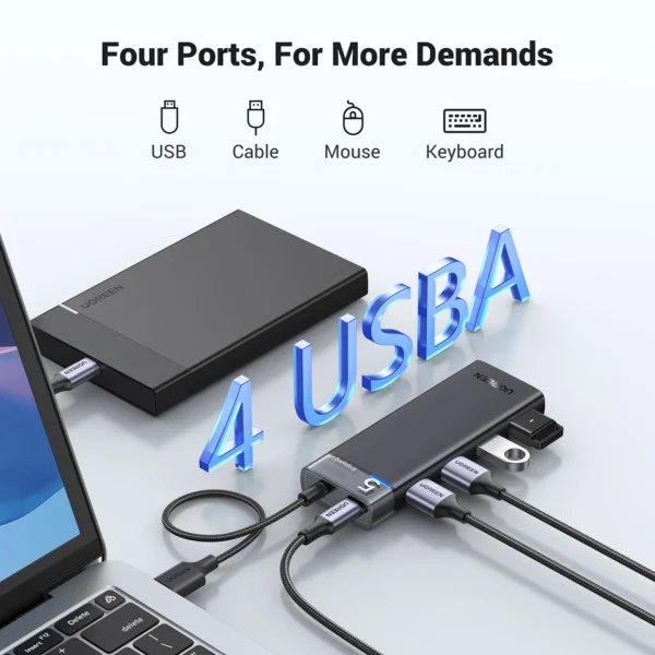 Ugreen CM653 HUB with 4 USB-A ports and USB-A power cable - blackeng