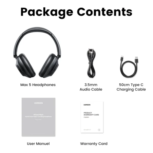 Ugreen HP202 HiTune Max5 on-ear wireless headphones with hybrid ANC noise reduction - blackeng