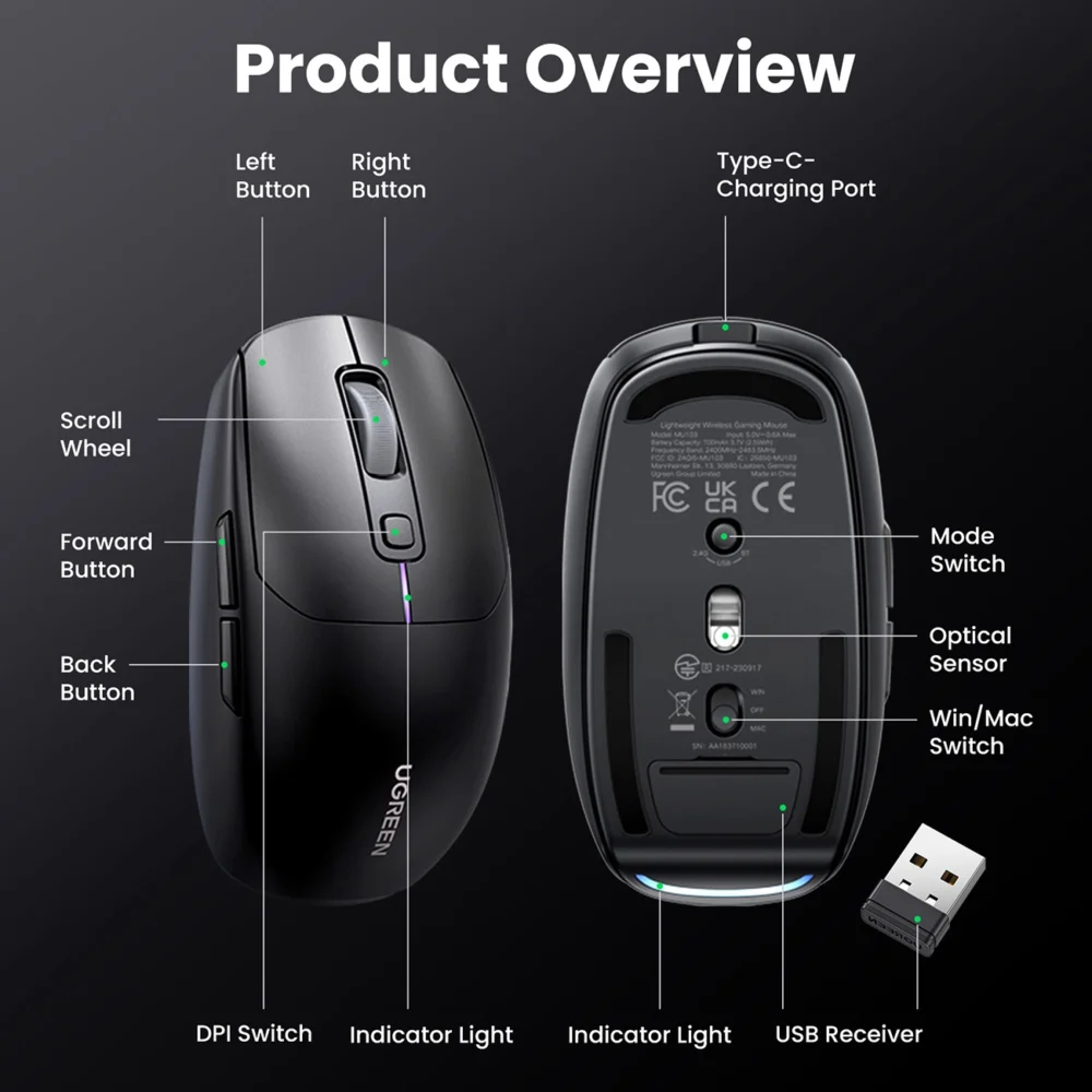 Ugreen MU103 Bluetooth 5.0 computer mouse / 2.4GHz USB receiver - blackeng