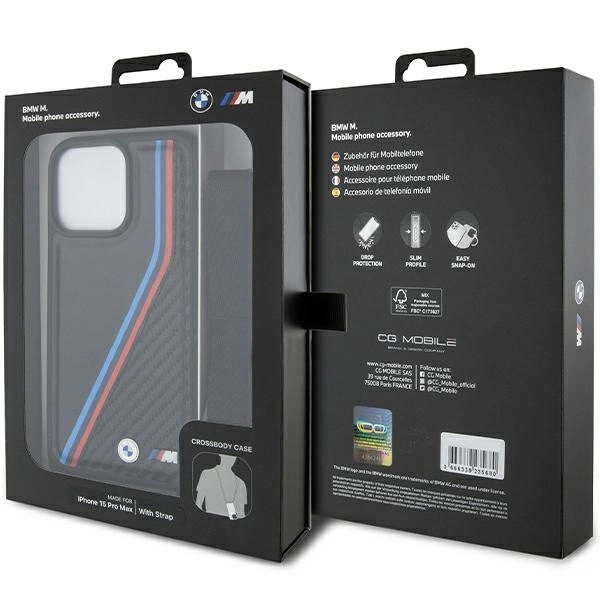BMW M Edition Carbon Tricolor Lines & Strap case for iPhone 15 Pro - blackeng