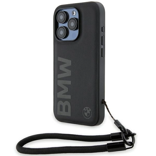 BMW Signature Leather Wordmark Cord case for iPhone 15 Pro - blackeng