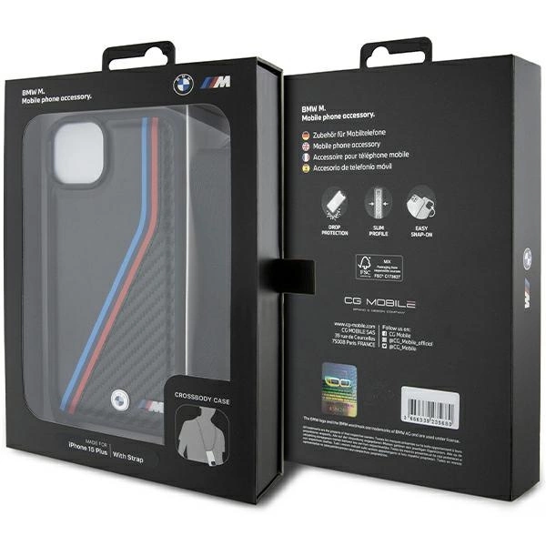BMW M Edition Carbon Tricolor Lines & Strap case for iPhone 15 Plus / 14 Plus - blackeng