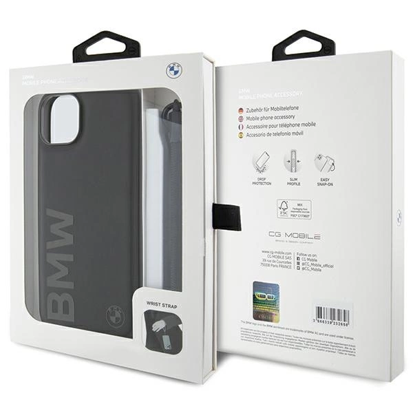 BMW Signature Leather Wordmark Cord case for iPhone 15 Plus / 14 Plus - blackeng