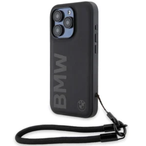 BMW Signature Leather Wordmark Cord case for iPhone 15 Pro Max - blackeng
