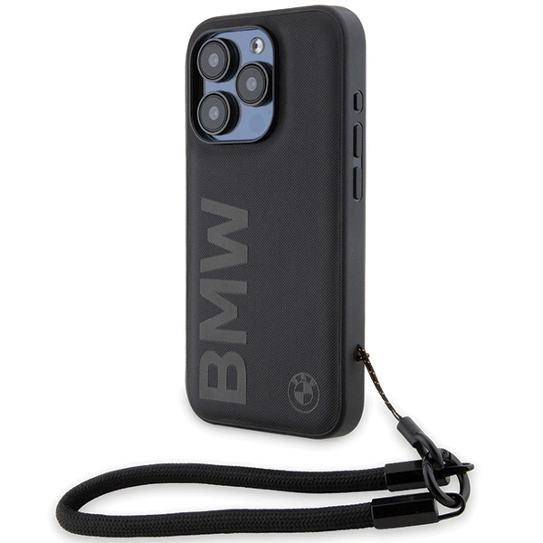 BMW Signature Leather Wordmark Cord case for iPhone 15 Pro Max - blackeng
