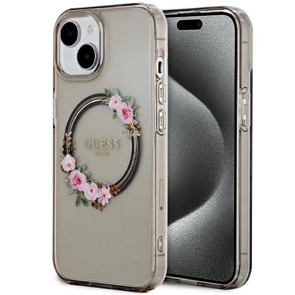 Guess IML Flowers Wreath MagSafe case for iPhone 15 / 14 / 13 - blackeng