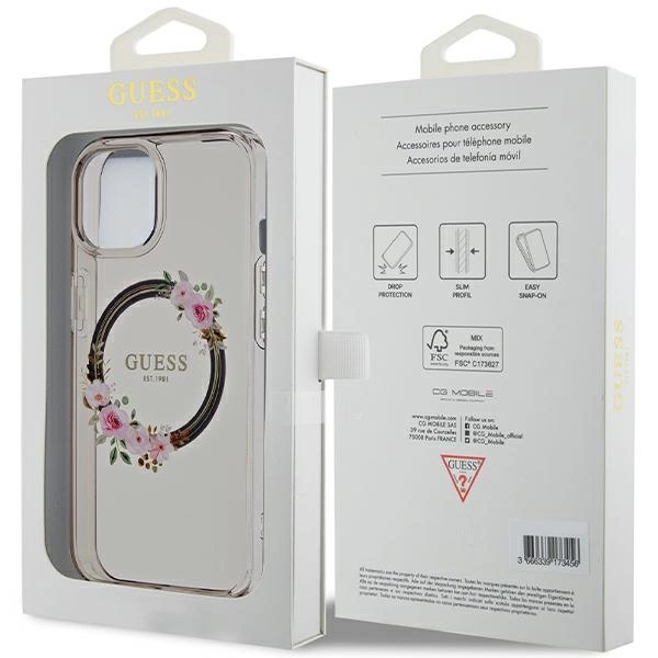 Guess IML Flowers Wreath MagSafe case for iPhone 15 / 14 / 13 - blackeng