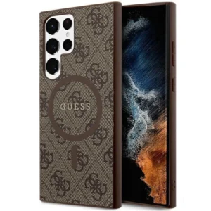 Guess 4G Collection Leather Metal Logo MagSafe Case for Samsung Galaxy S24 Ultra - Browneng