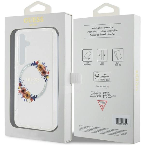 Guess IML Flowers Wreath MagSafe case for Samsung Galaxy S24 - transparenteng