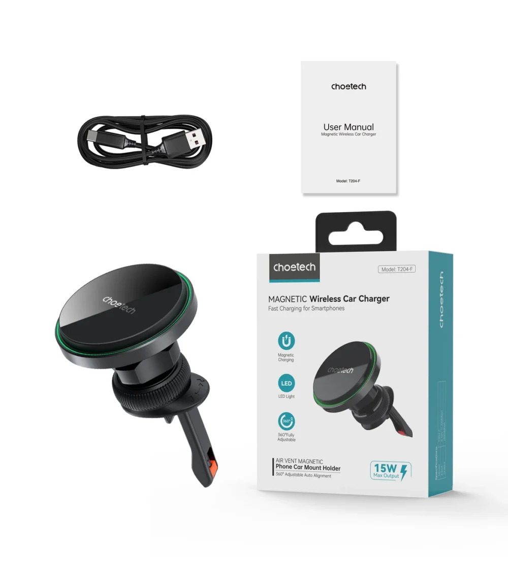 Choetech T204-F magnetic car holder with 15W wireless charging - blackeng