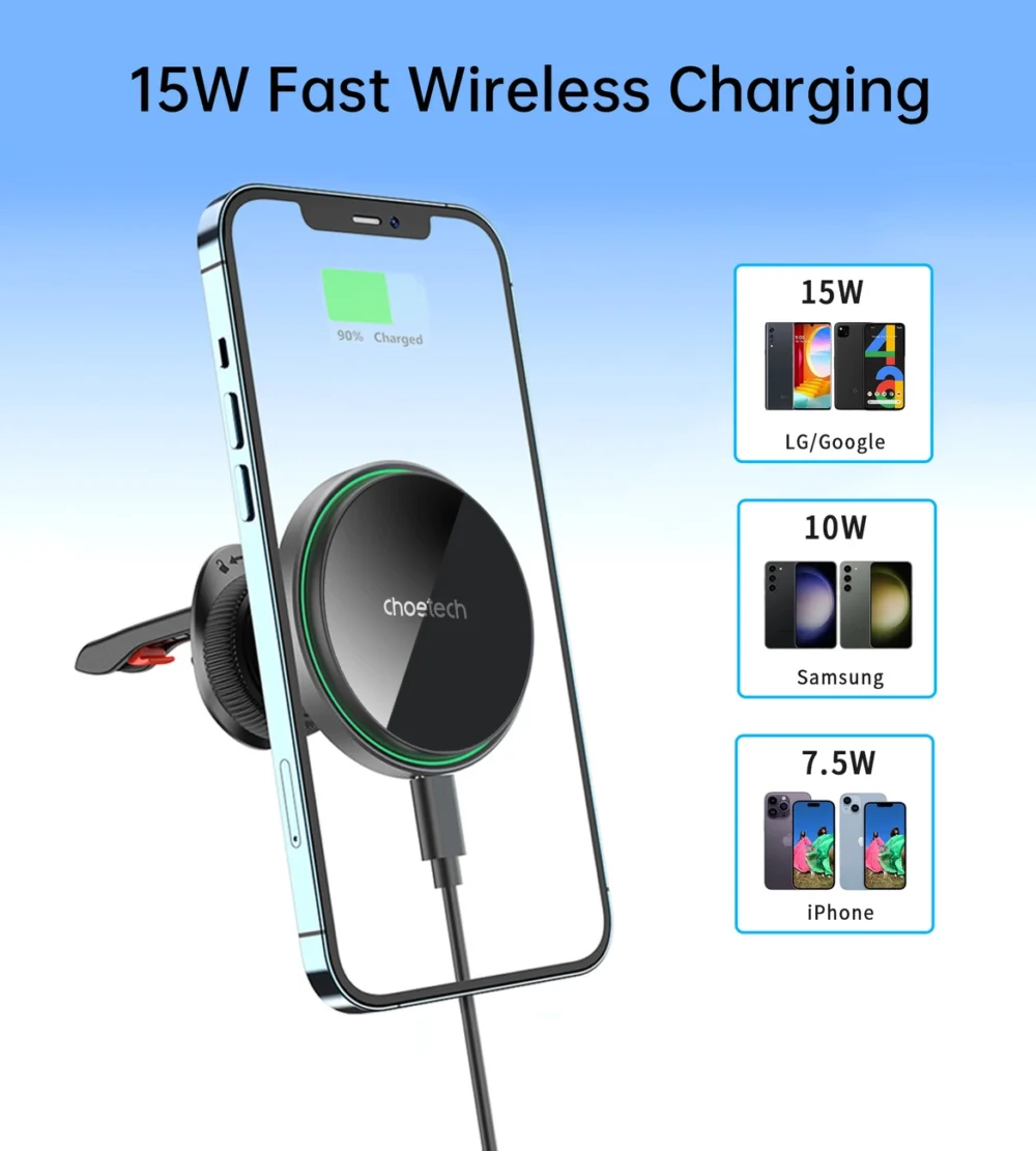 Choetech T204-F magnetic car holder with 15W wireless charging - blackeng