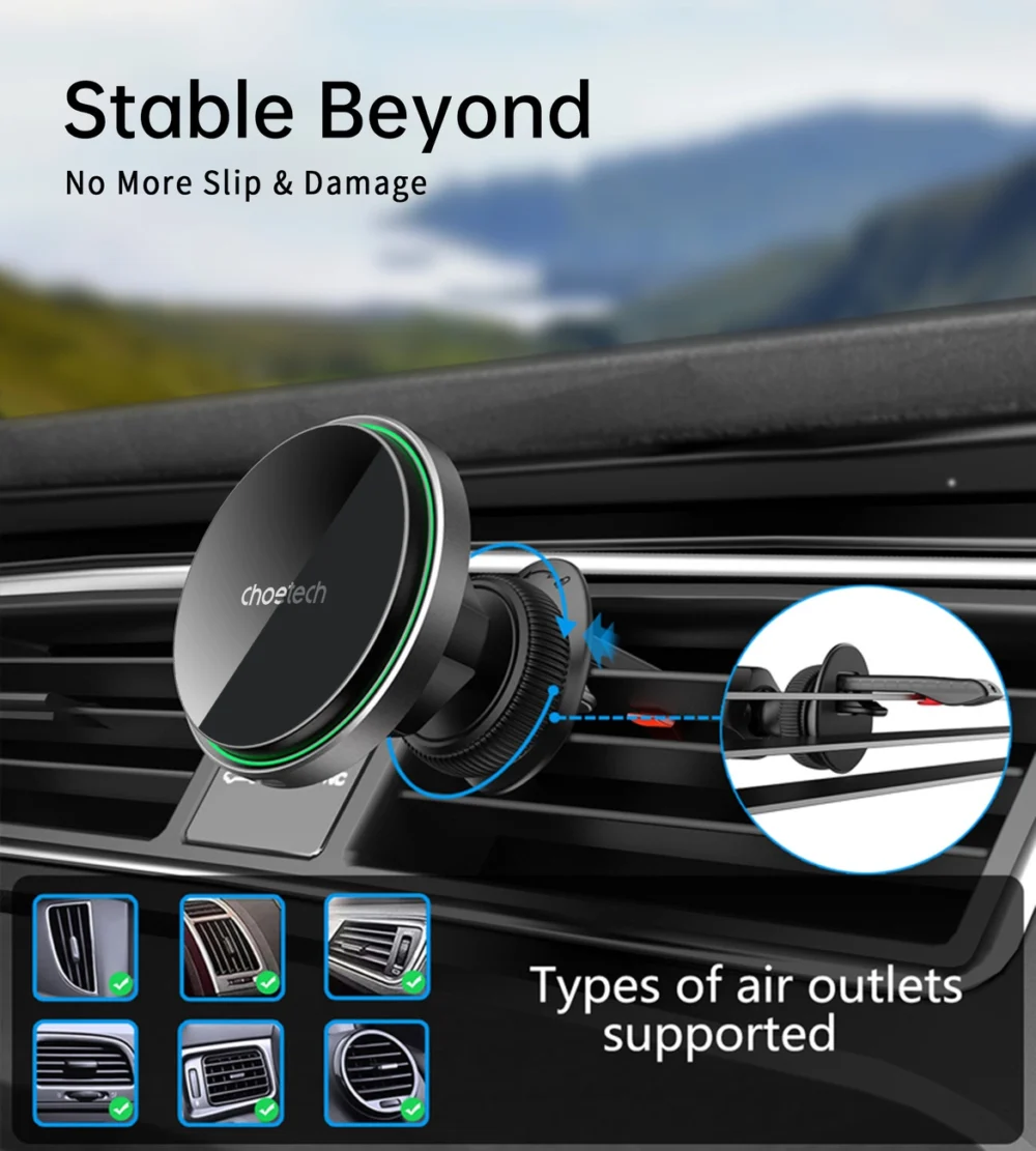 Choetech T204-F magnetic car holder with 15W wireless charging - blackeng