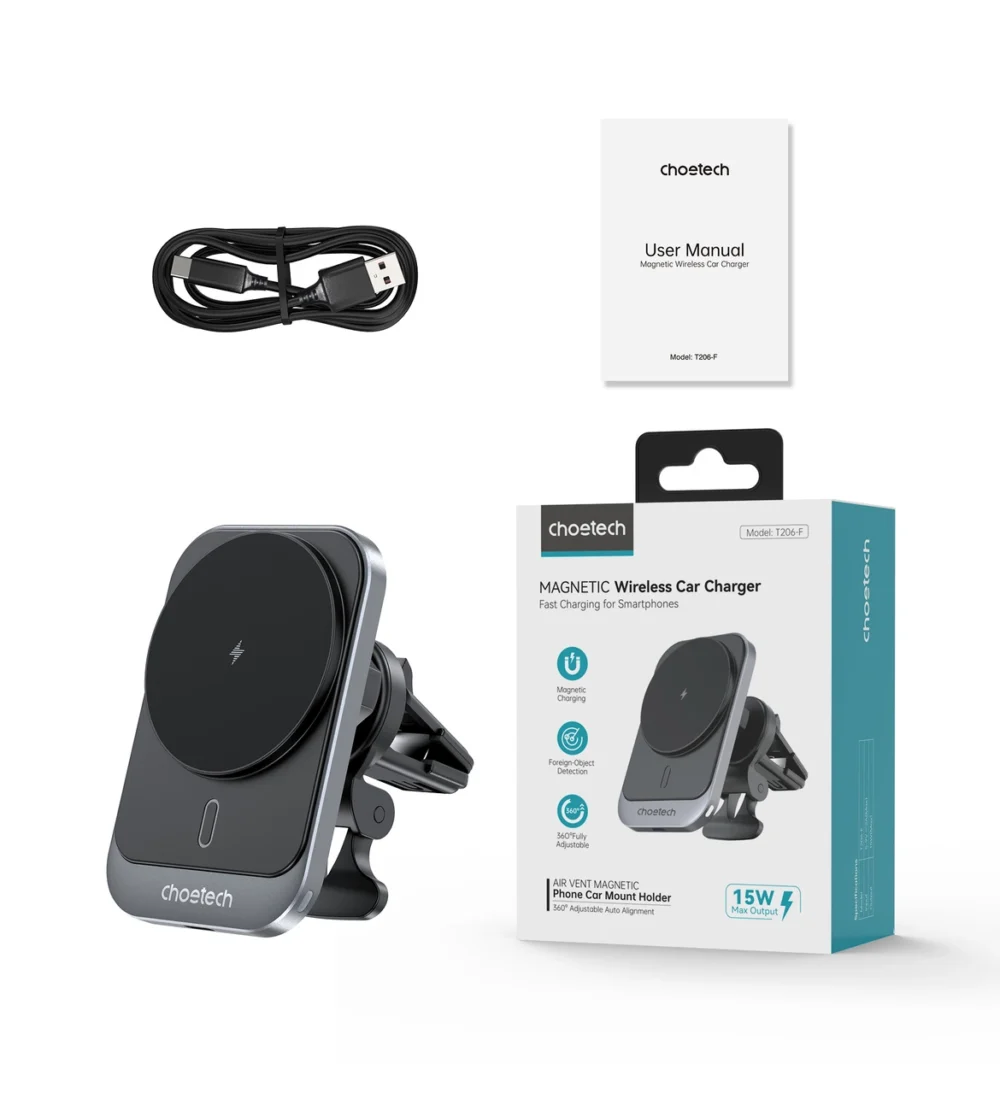 Choetech T206-F car holder with inductive charger up to 15W - blackeng