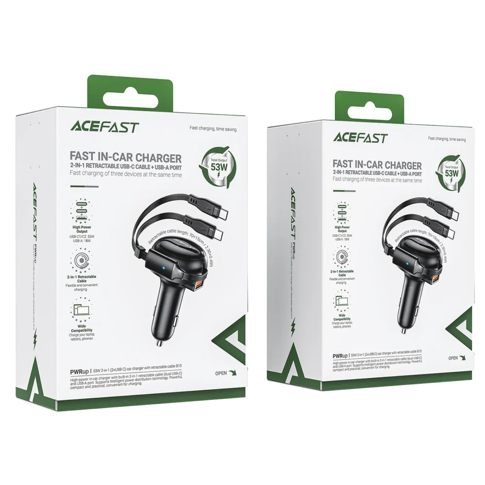 Acefast B13 car charger 53W USB-A / 2 USB-C retractable cables - blackeng