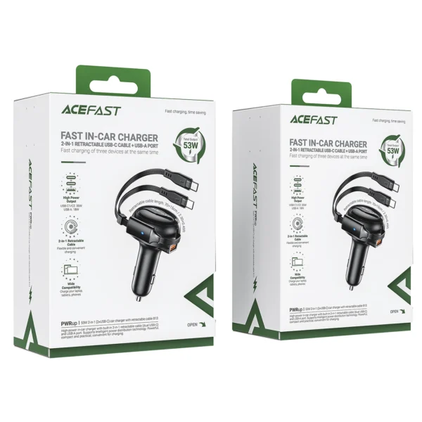 Acefast B13 car charger 53W USB-A / 2 USB-C retractable cables - blackeng