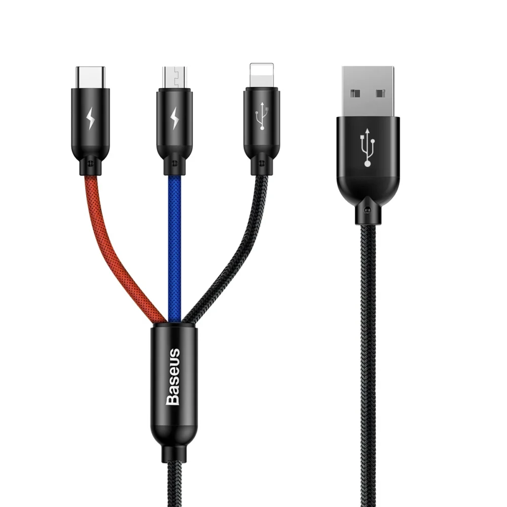 Baseus Three Primary Colors 3in1 USB-A - micro USB / Lightning / USB-C 3.5A cable 0.3 m - blackeng