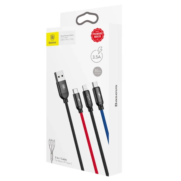 Baseus Three Primary Colors 3in1 USB-A - micro USB / Lightning / USB-C 3.5A cable 0.3 m - blackeng