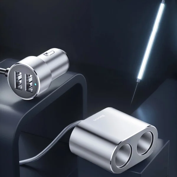 Baseus CRDYQ-0S splitter 2x cigarette lighter socket 80W 2x USB-A 3.1A - silvereng