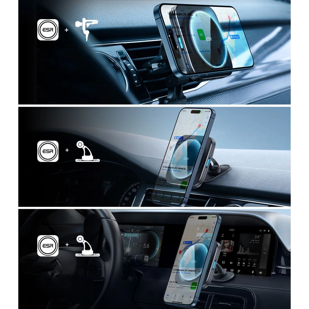 ESR Halolock Magnetic QI2 Car Holder with MagSafe 15W Inductive Charger for Air Vent - Blackeng