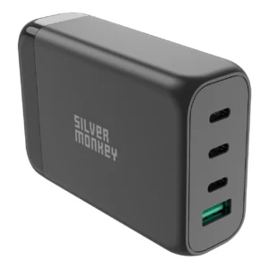 Silver Monkey SMA151 130W GaN charger 3xUSB-C PD USB-A QC 3.0 with detachable power cable - blackeng
