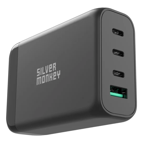Silver Monkey SMA151 130W GaN charger 3xUSB-C PD USB-A QC 3.0 with detachable power cable - blackeng