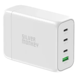 Silver Monkey SMA152 130W GaN charger 3xUSB-C PD USB-A QC 3.0 with detachable power cable - whiteeng