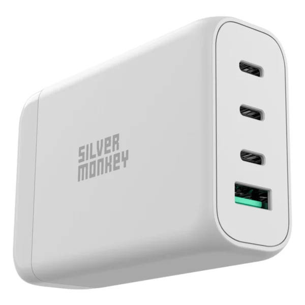 Silver Monkey SMA152 130W GaN charger 3xUSB-C PD USB-A QC 3.0 with detachable power cable - whiteeng
