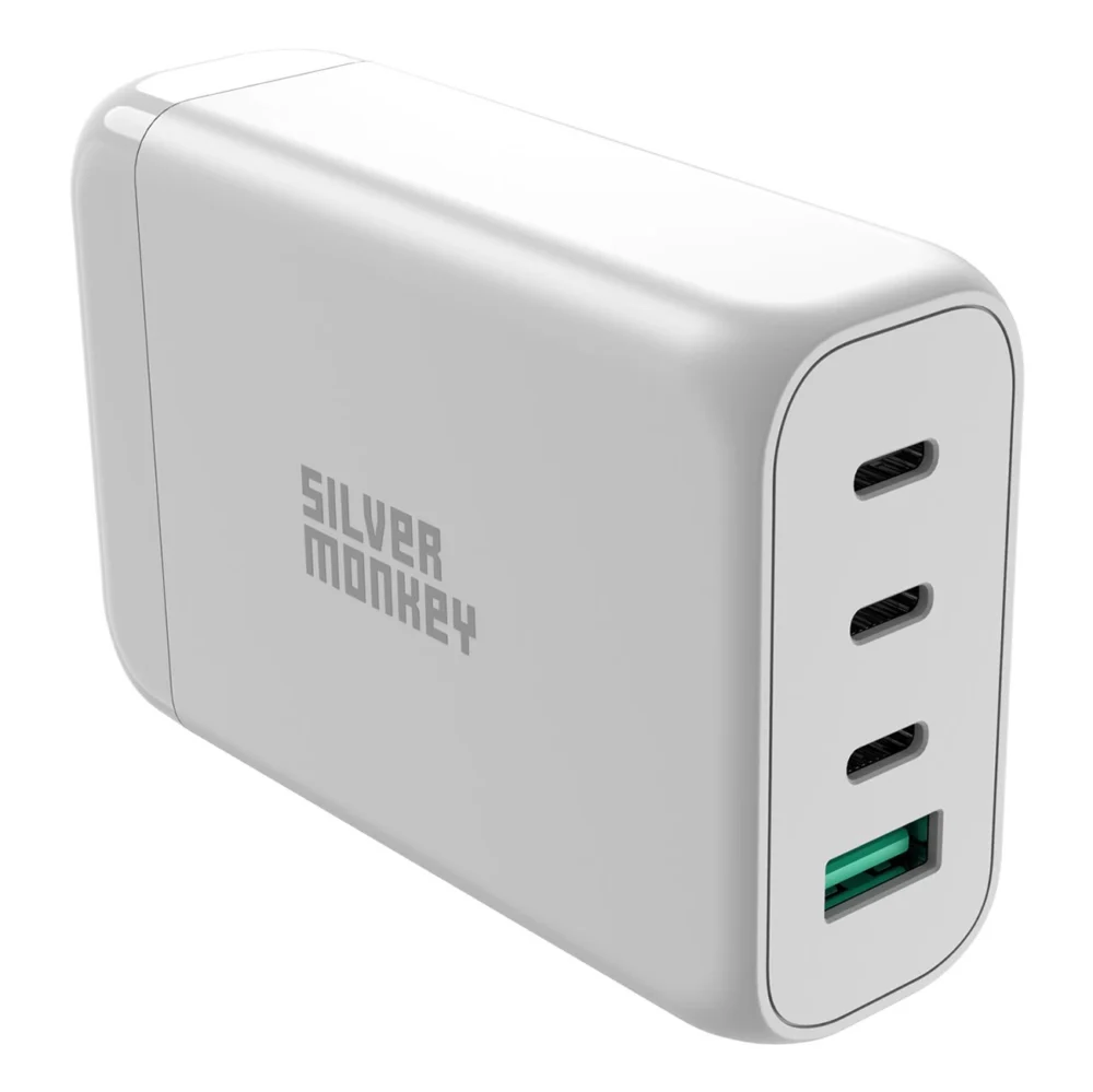 Silver Monkey SMA152 130W GaN charger 3xUSB-C PD USB-A QC 3.0 with detachable power cable - whiteeng