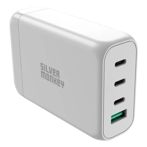 Silver Monkey SMA152 130W GaN charger 3xUSB-C PD USB-A QC 3.0 with detachable power cable - whiteeng