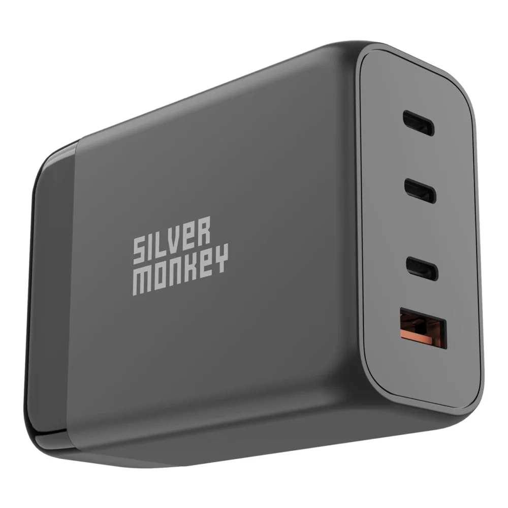 Silver Monkey SMA155 200W GaN charger 3xUSB-C PD USB-A QC 3.0 with detachable power cable - blackeng
