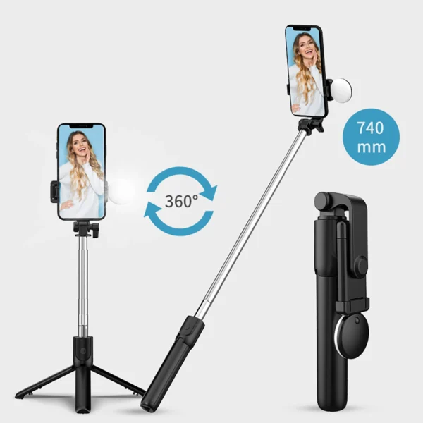 Selfie stick WR1YXS telescopic tripod 0.71m with round lamp - blackeng