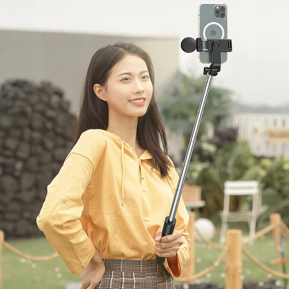 Selfie stick WH1YXS telescopic tripod 1m with round lamp and phone holder - blackeng