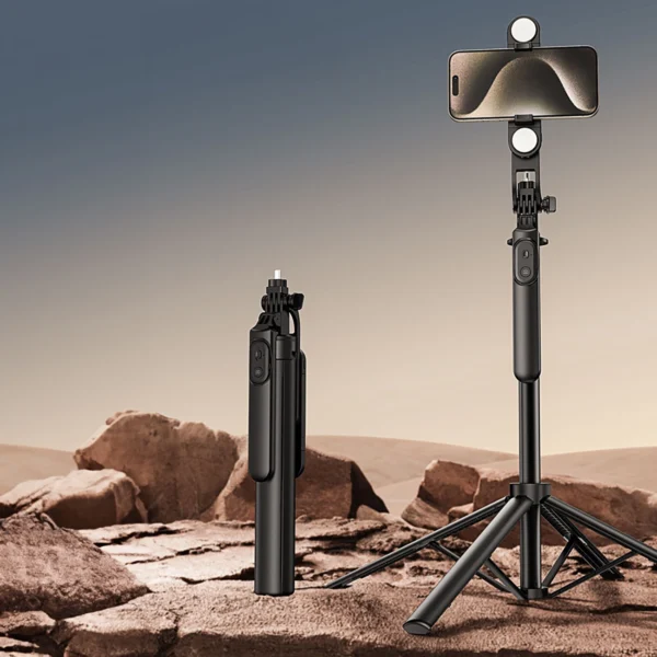 Selfie stick WH181D-Y1S 1.75m aluminum alloy telescopic tripod with dual lamp and phone holder - blackeng
