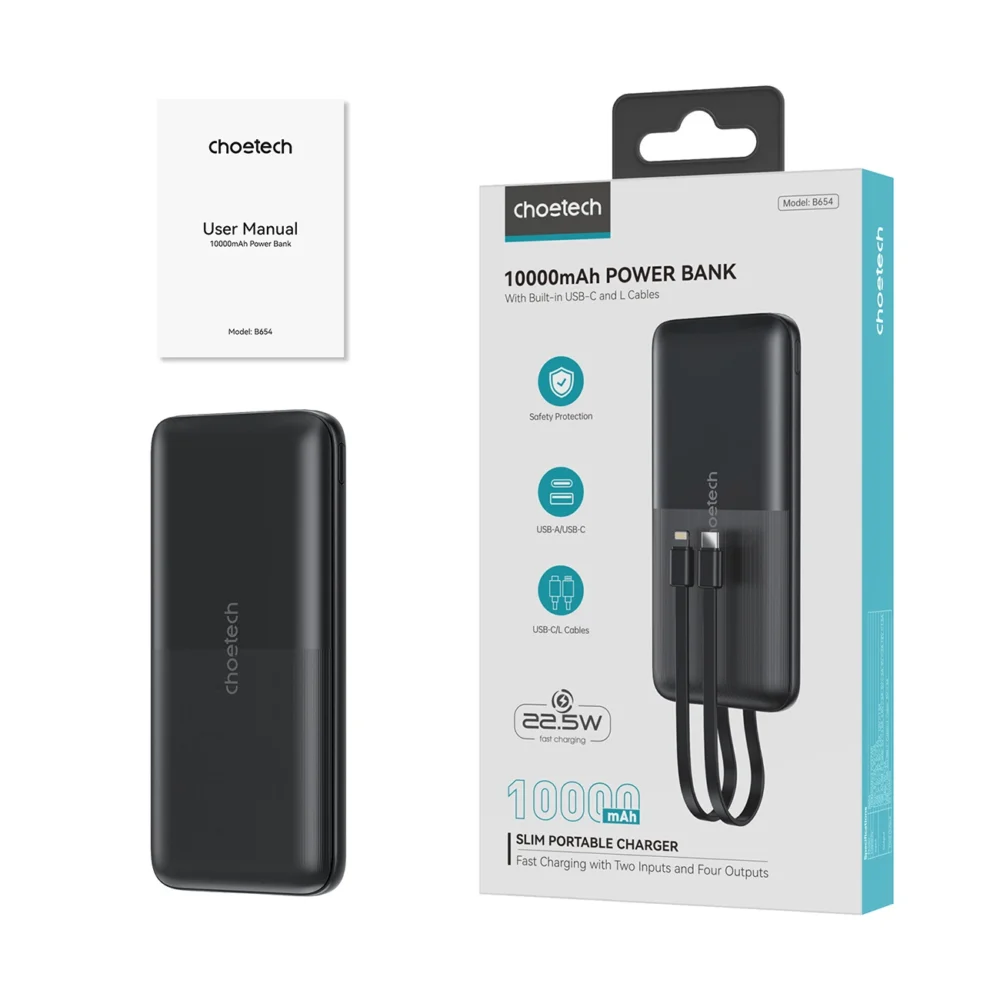 Powerbank Choetech B654 10000mAh 22.5W USB-A / USB-C / micro USB with built-in USB-C / Lightning cable - blackeng