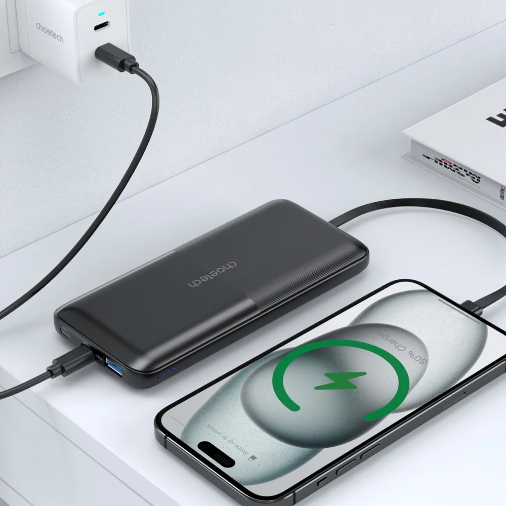 Powerbank Choetech B654 10000mAh 22.5W USB-A / USB-C / micro USB with built-in USB-C / Lightning cable - blackeng