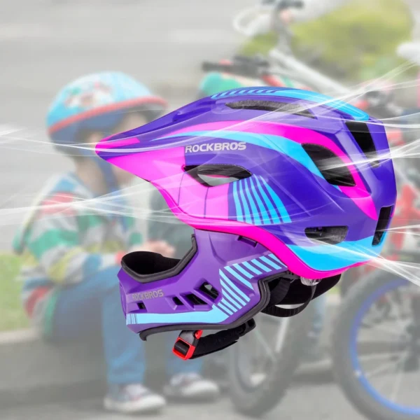 Rockbros TT-32SBPP-S children's bicycle helmet with detachable chinbar, size S - purple-pinkeng