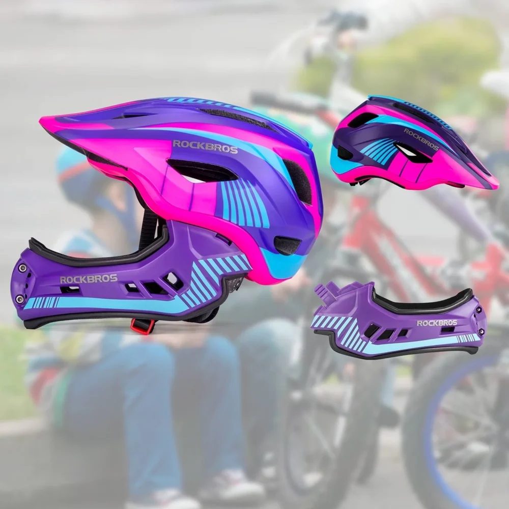 Rockbros TT-32SBPP-M children's bicycle helmet with removable chinbar, size M - purple-pinkeng