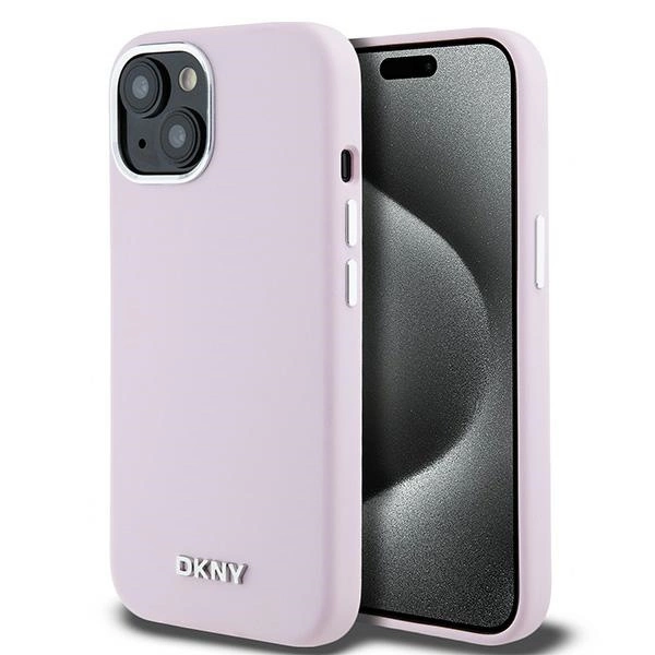 DKNY Liquid Silicone Small Metal Logo MagSafe Case for iPhone 15 Plus / 14 Plus - Pinkeng