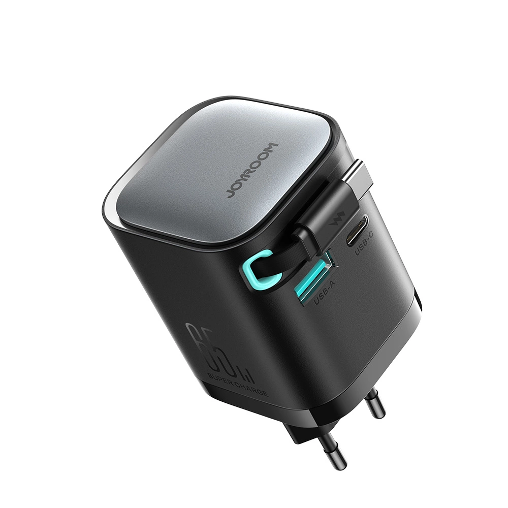 Joyroom JR-TCL02 65W USB-A USB-C GaN charger with built-in USB-C cable - blackeng