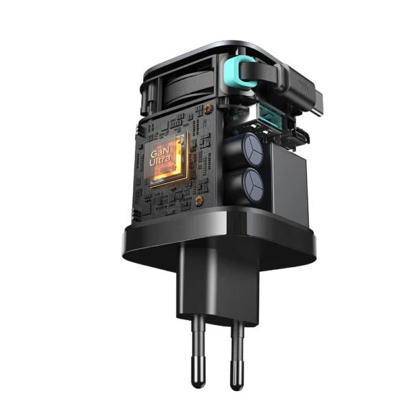 Joyroom JR-TCL02 65W USB-A USB-C GaN charger with built-in USB-C cable - blackeng