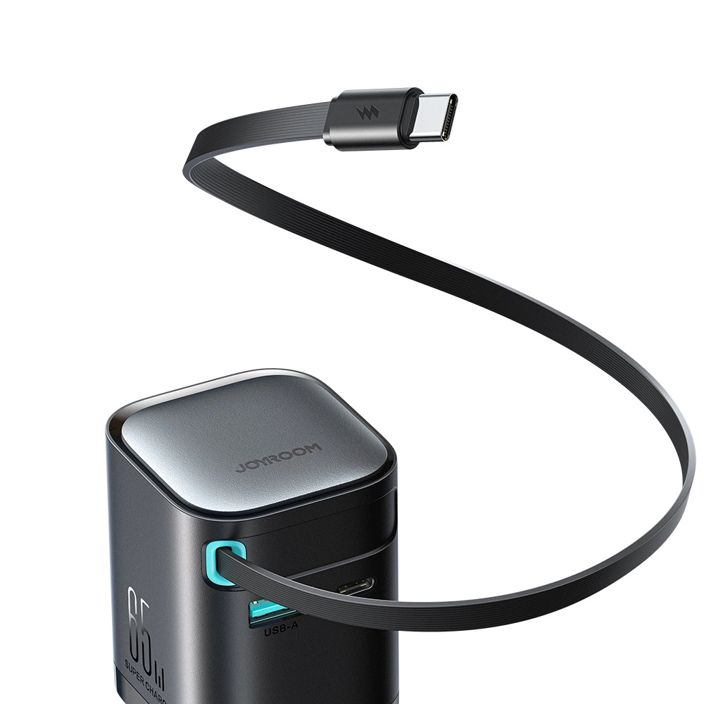 Joyroom JR-TCL02 65W USB-A USB-C GaN charger with built-in USB-C cable - blackeng