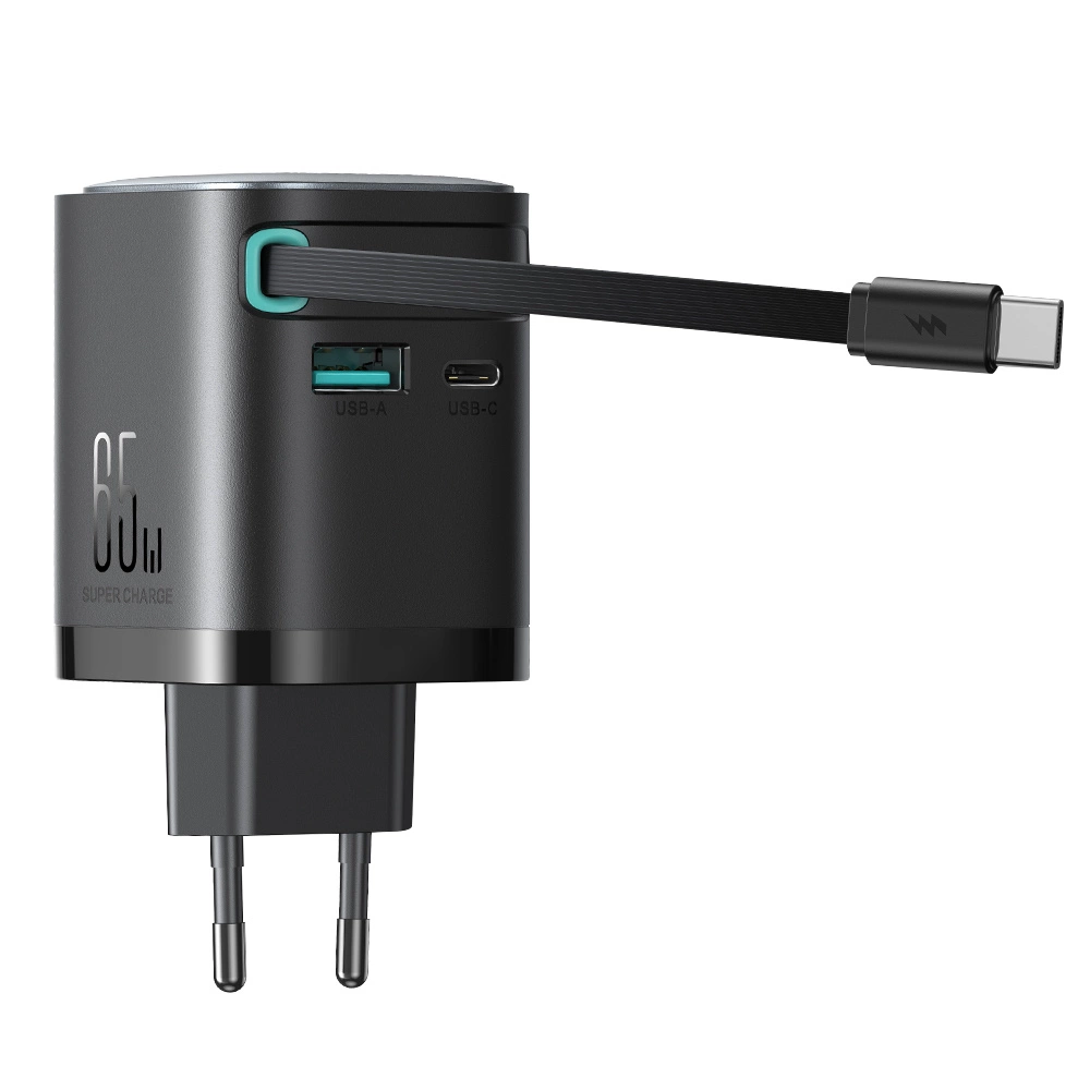 Joyroom JR-TCL02 65W USB-A USB-C GaN charger with built-in USB-C cable - blackeng