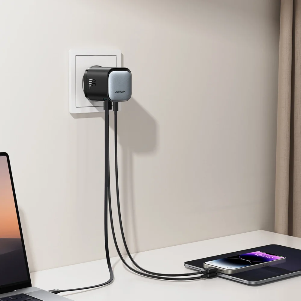 Joyroom JR-TCL02 65W USB-A USB-C GaN charger with built-in USB-C cable - blackeng