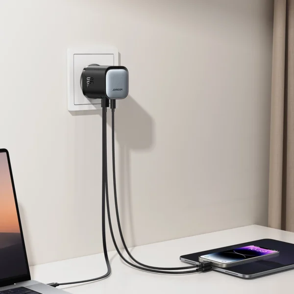Joyroom JR-TCL02 65W USB-A USB-C GaN charger with built-in USB-C cable - blackeng