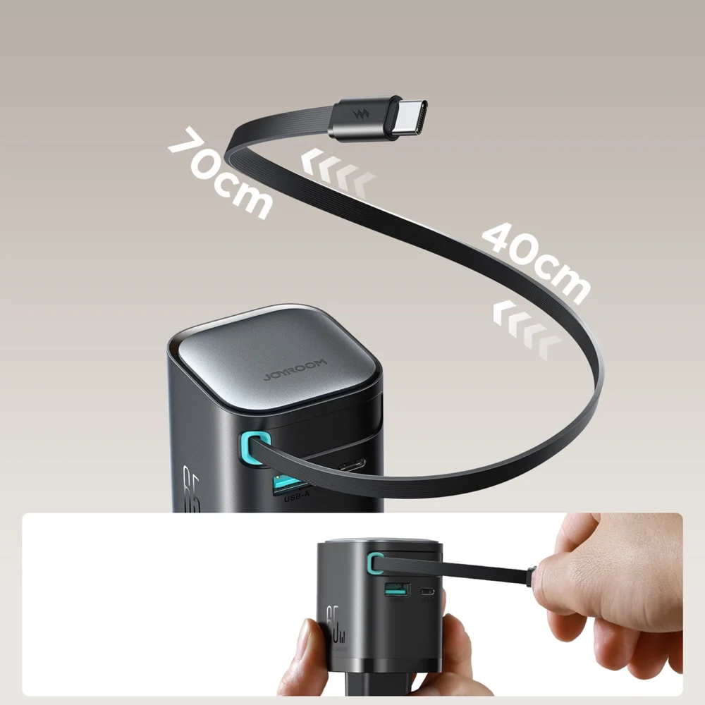 Joyroom JR-TCL02 65W USB-A USB-C GaN charger with built-in USB-C cable - blackeng